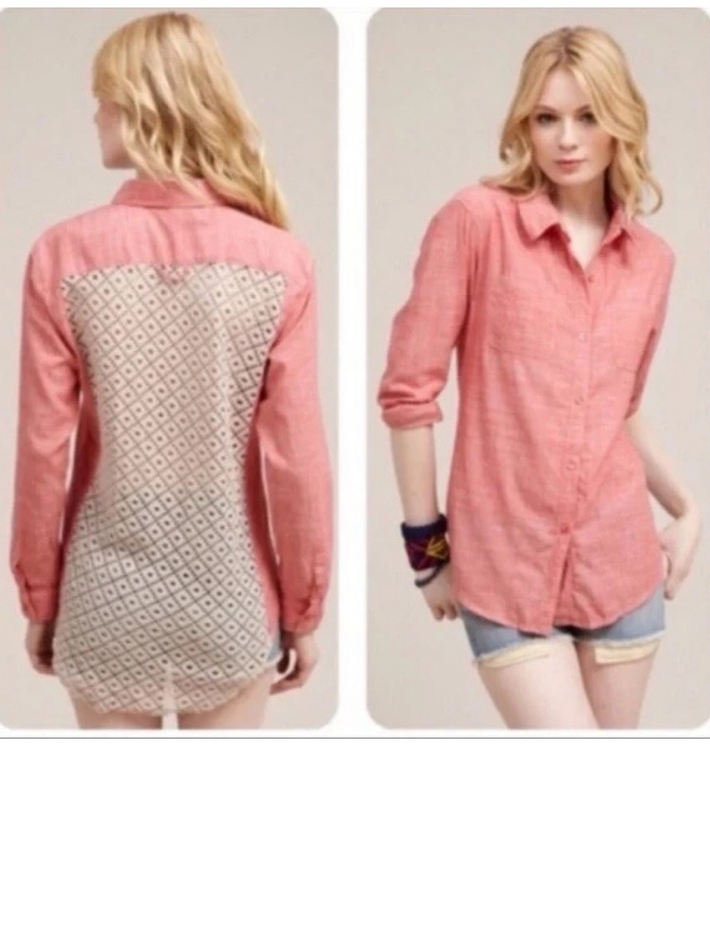 Free People Slubby Road Trip Lace Crochet Back Button Up Size Medium Pink